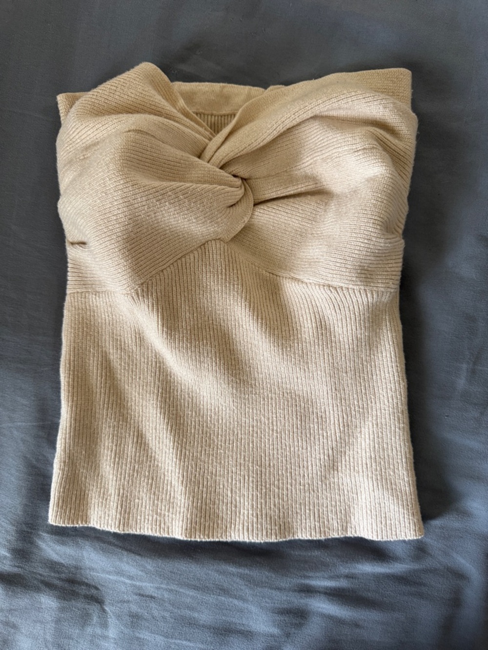 Strapless Twist-Front Knit Tube Top in Beige